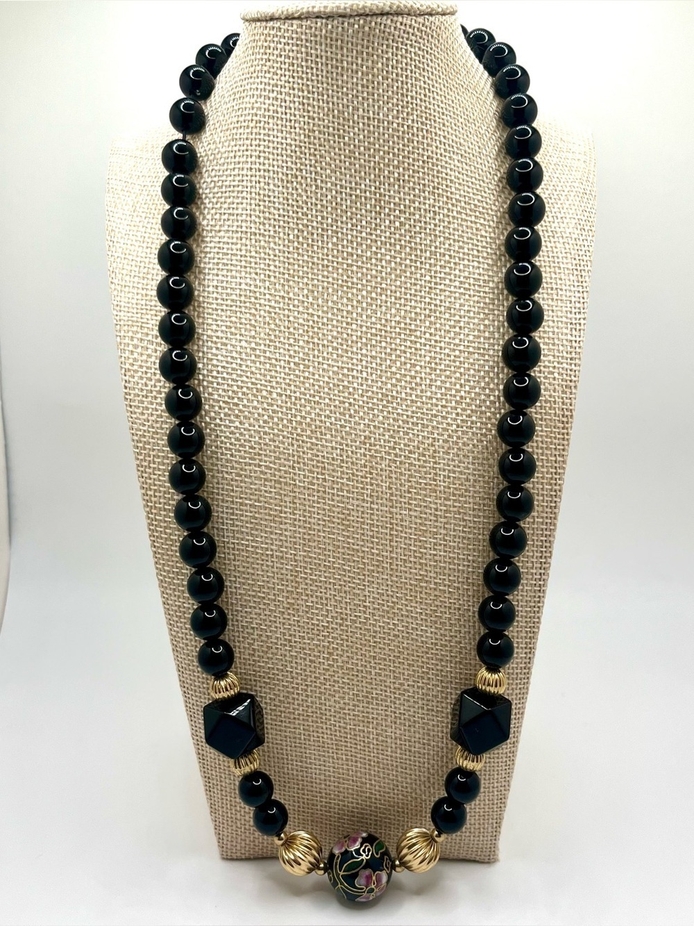 Vintage black bead necklace cloisonné focal bead gold tone accents